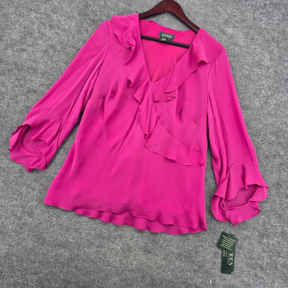 Lauren Ralph Lauren Magenta 100% Silk Ruffle V-Neck Blouse 1X NWT
